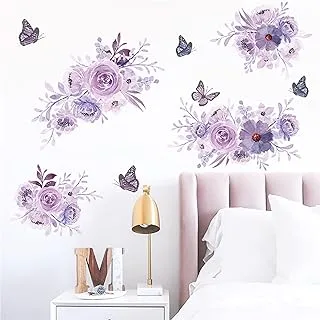 ROFARSO Flowers Wall Stickers Watercolor Purple Peony Nature Plant Vinyl Removable Peel and Stick Wall Decals Art Picture Decorations Decor for Teens Girls Bedroom Living Room Murals