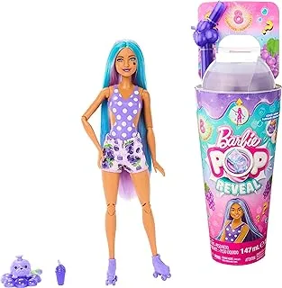 Barbie Pop Reveal Fruit Series Grape Fizz Doll, 8 Surprises Include Pet, Slime, Scent & Color Change