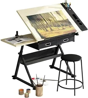 COOLBABY Height Adjustable Drawing Table with Storage Cabinet 80° Adjustable Desk Desk Tilt Desktop Art Craft Table Watercolor Painting Sketching Workstation with Stool Home Office (With Chair)