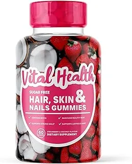 Vital Health Hair, Skin & Nails Gummies for Adults |60 Vegan Gummies | Natural Strawberry & Coconut Flavor | Healthy Hair Growth, Healthy Skin Glow, & Strong Healthy Nail Growth