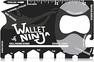 بطاقة Wallet Ninja Multitool - 18 في 1 حجم بطاقة الائتمان متعددة الأدوات للإصلاحات السريعة، معدات النجاة EDC، فتاحة زجاجات، التخييم - أداة رائعة وحشو تخزين (أسود)