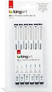 أقلام KINGART Inkline Micro-Line، 6 قطع من أقلام حبر Fineliner سوداء صغيرة، أقلام متعددة الخطوط بحبر أرشيفي مقاوم للماء للرسوم التوضيحية للفنان، والخط، والرسم، والأنيمي، والرسم الفني، والمانجا