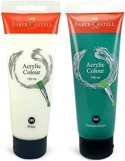 Faber-Castell Acrylic Color Tube 120ml X2pcs White&P-Green,for Canvas Wood Ceramic Rock Painting, Rich Pigments Non Toxic Paints for Kids Beginners Students Adults Artist Painter