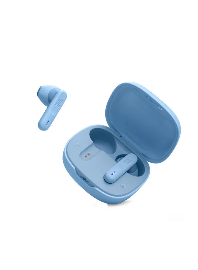 سماعات أذن لاسلكية JBL Wave Flex True، صوت أساسي عميق، ملاءمة مريحة، بطارية 32 ساعة، بيئة ذكية + Talkthru، مكالمات بدون استخدام اليدين، تنبيه صوتي، مقاومة للماء والغبار باللون الأزرق