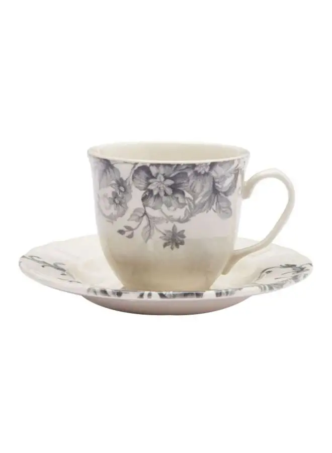 Claytan 2-Piece Floral Printed Cup And Saucer Set White/Black 200ml