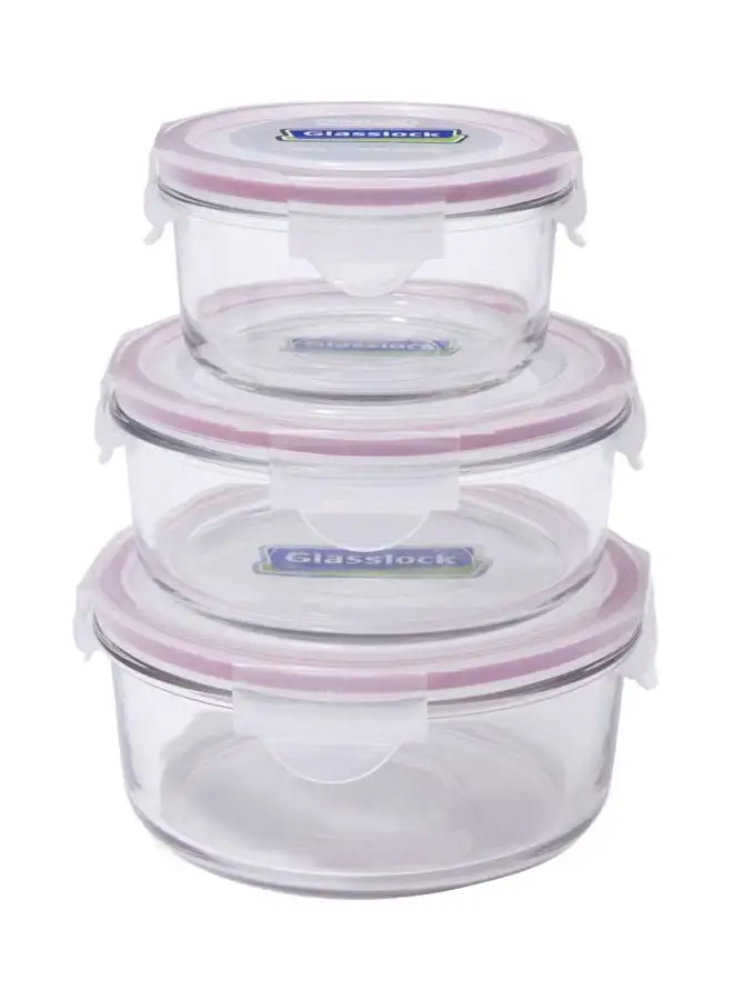 Glasslock 3-Piece Food Container Set Clear/Pink Large Container 1x 950, Medium Container 1x 725, Small Container 1x400ml