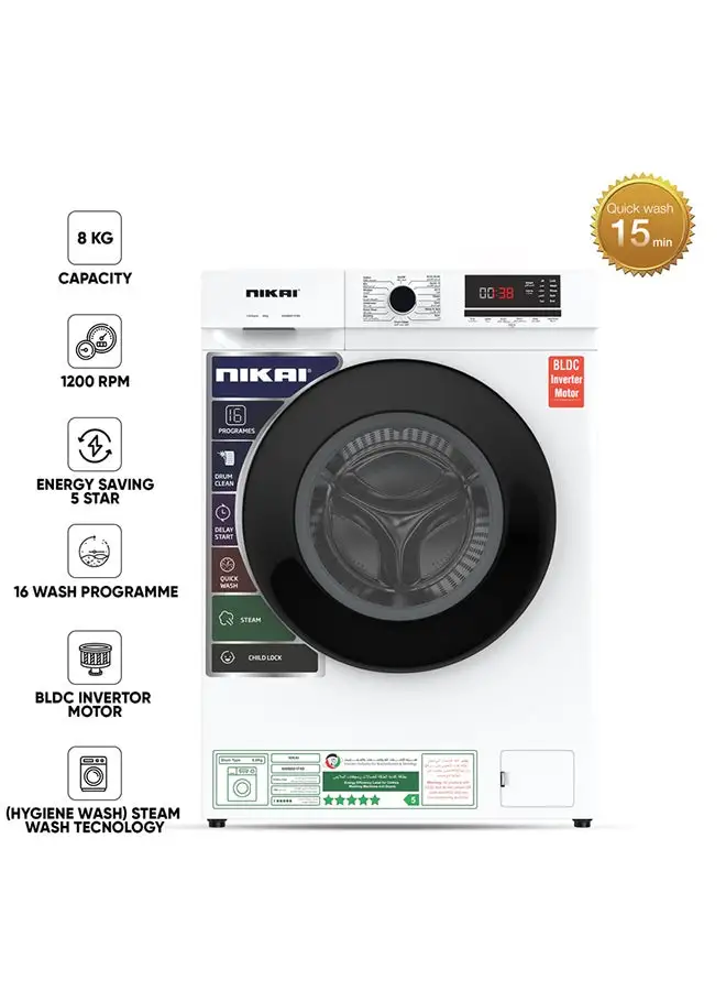 NIKAI 8KG 1200 RPM Front Load Washer With 16 Programs, Energy Saving BLDC Inverter Motor 5 Star Rating, Steam Wash, Digital LCD Display, Child Lock, Fully Automatic Washing Machine 8 kg 109 kW NWM801FN9 White