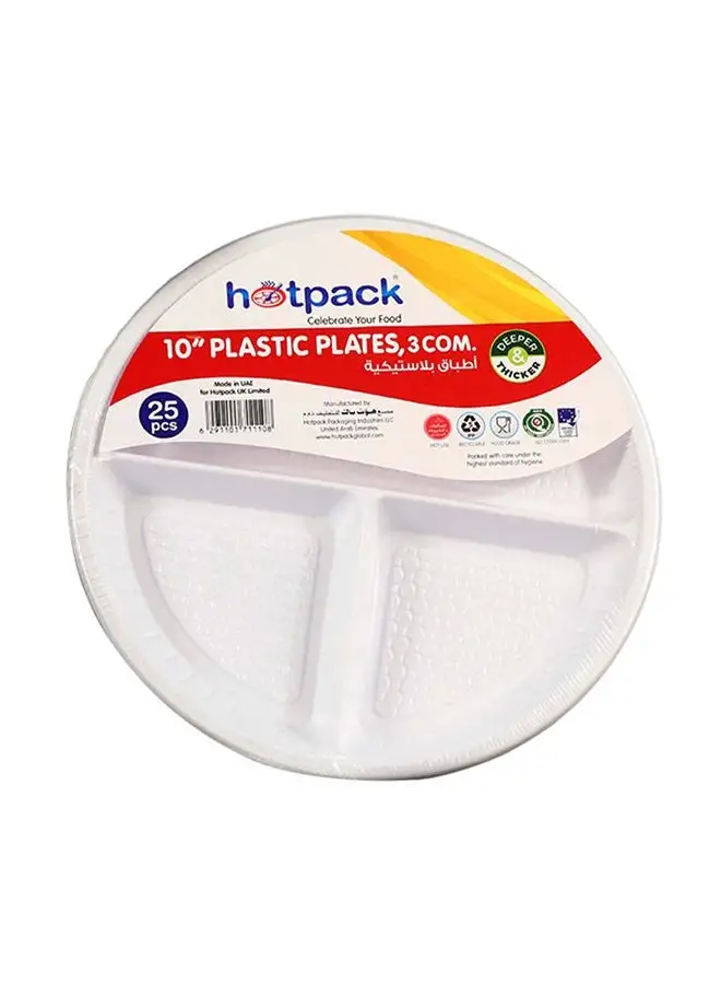 Hotpack 25-Piece 3 Div Plastic Round Plate Set White 10inch