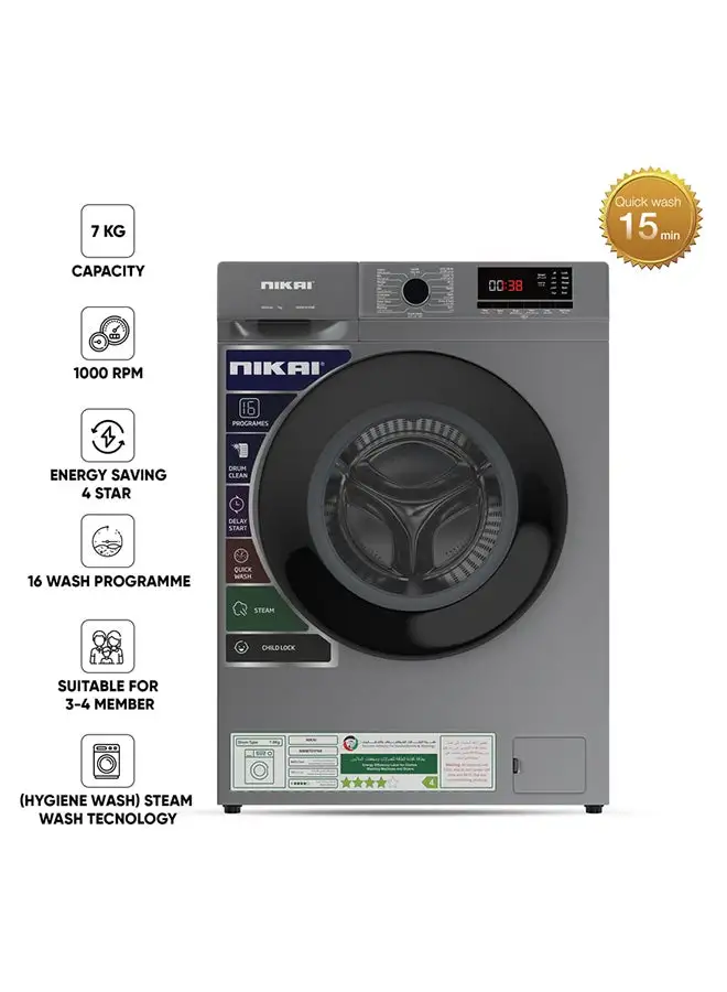 NIKAI 7KG 16 Programs Front Load Washer, Steam Wash, 1000 RPM, 4 Star Energy Saving, Fully Automatic Washing Machine, Digital LCD Display, Child Lock, Best For Home And Small Family 7 kg 137 kW NWM701FN9S Silver