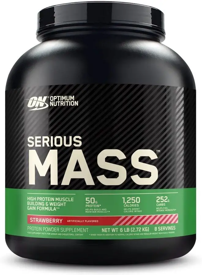 Optimum Nutrition Serious Mass High Protein Muscle Building & Weight Gainer Protein Powder, 50 Grams Of Protein, Vitamin C & Zinc, Strawberry, 6 Lbs (2.72 KG)