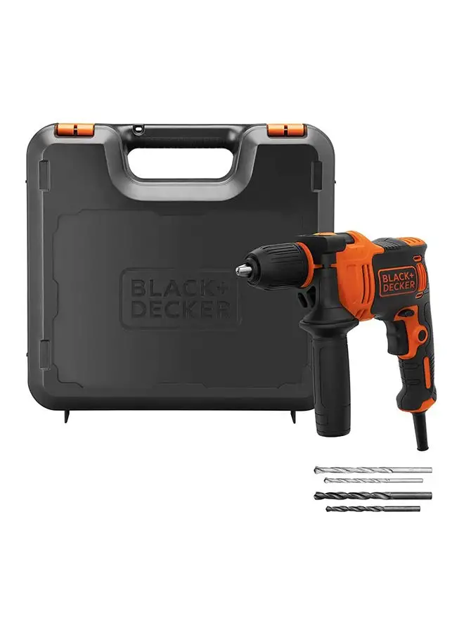 BLACK+DECKER Hammer Drill With Variable Speed And Single Gear Ideal For Wood, Metal And Masorny Drilling And 4 Drill Bits In Kitbox 800RPM 710W BEH710K-GB Orange/Black