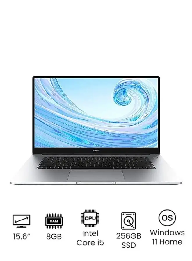HUAWEI MateBook D 15 Laptop With 15.6-Inch Full HD Display, Core i5-1155G7 Processor/8GB RAM/256GB SSD/Windows 11 Home/ English/Arabic Mystic Silver