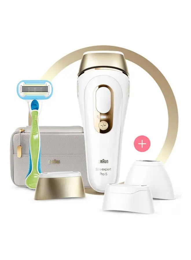 BRAUN Silk-expert Pro 5 PL5257 IPL with 4 extras: wide head, precision head, Venus razor, soft pouch White/Gold