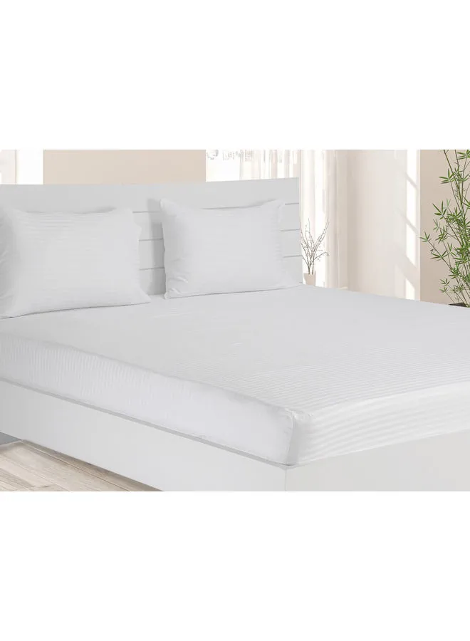 KRUDE Fitted Sheet 1pc-Fabric: 100% Cotton 250tc Sateen  1cm Stripe - Color: White-Size:  King 200x200+30cm Cotton White