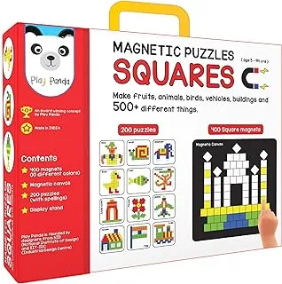 Play Panda Magnetic Puzzles Squares - 400 Colorful Magnets, 200 Puzzles, Magnetic Board, Display Stand - For Boys And Girls, 500 Pieces