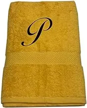 BYFT Gardenia (Yellow) Premium Monogrammed Bath Towel (70 x 140 Cm-Set of 1) 100% Cotton, Highly Absorbent and Ultrasoft, Hotel and Spa Quality Bath Linen with Diamond Dobby-550 Gsm (Letter P)