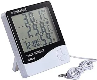 HTC-2 Digital LCD Humidity Meter Temperature Thermometer Clock with Sensor Cable, White, LZM75