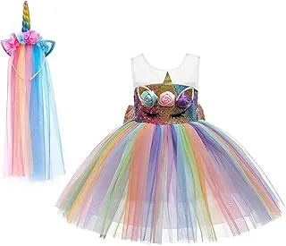 Yalla Baby Girls Unicorn Glitter Rainbow Dress with Big Bow- Party Costume for Kids Girls 90-140cm 3-8 Years - Free Rainbow Horn and Veil Headband