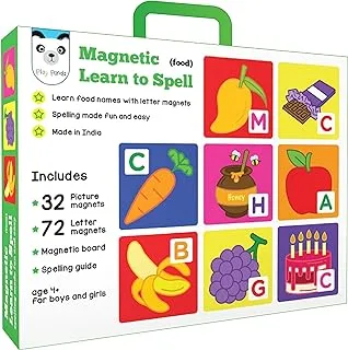 PLAY PANDA Magnetic Learn to Spell : Food with 32 Picture Magnets, 72 Letter Magnets, Magnetic Board and Spelling Guide.