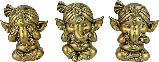 Design Toscano See, Hear, Speak No Evil Lord Ganesha Hindu Elephant God Statue, Set Of Three, 4 Inch, Antique Gold