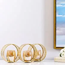 Danube Home Medallion Metal Candle Holder With 3 Pack Glass Cups, Gold - 39 x 12 x 15.5 cm