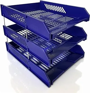 Maxi 3 Layers Plastic Document Tray Blue, Front Load Plastic Desktop File Organizer