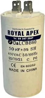 Royal Apex 2 Pin PVC Round Capacitor for Motor Compressor etc | CE EN60252 (2 PIN 50MFD (50µF))