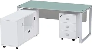 Mahmayi Glass 4116L Executive Modern Workstation Desk With Tempered Glass Top Square Metal Legs Dual Tone - W160cms X D75cms X H75cms (White) Me4116Lwh