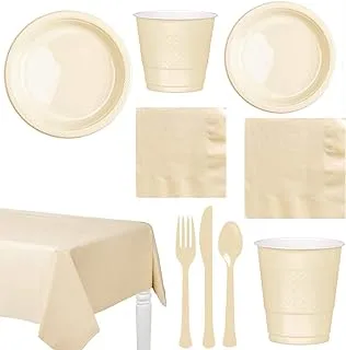 Amscan Party Centre Vanilla Creme Tableware Supplies For 20 Guests, Includes Table Cover, Plates, Cups, Tissues And Cutlery, Vanilla20