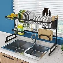 Showay 2 Tier Over Sink Dish Drying Rack 33.5''12.6''20.5'' Stainless Steel Kitchen Accessories Storage Shelf Above Sink With Utensils Holder Cutting Board Holder Hooks For Home Kitchen Matte Black