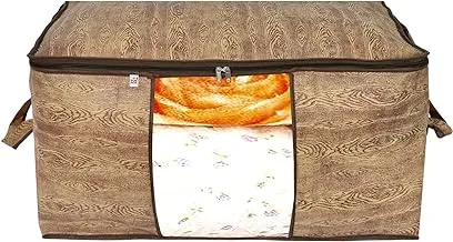 Fun Homes Wooden Print Foldable Clothes Storage Bag Wardrobe Organizer Non Woven Fabric For Comforters,Blankets,Bedding With Sturdy Zipper,Clear Window (Brown)