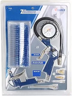 VTOOLS 7 Piece Heavy Duty Multipurpose Tire Inflator Gun Air Compressor Accessories Kit, Blue, VT1301