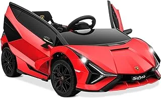 DORSA Kids 12V Electric Ride On Licensed Lamborghini Sian Roadster Motorized Toy Car with Remote Control, Wheels Suspension, LED Lights & Music Red, LAMBO-SIAN-LB-RED, L