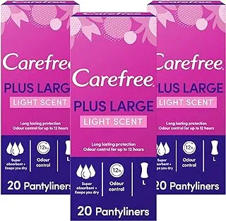 Carefree Cotton Plus Large Light Scent Daily Panty liner, Pack of 3x20 Panty Liners, Longer and Wider for More Comfort