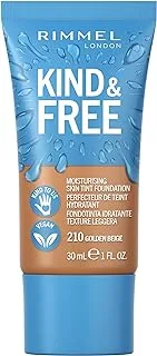 Rimmel KIND & FREE Skin Tint - Moisturising Foundation - With Vitamins E & B5 - Kind To Animals & Vegan - 30 ml, shade 210 Golden Beige