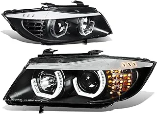 DNA MOTORING HL-3D-E9005-BK Black LED 3D Halo Ring DRL Headlights High Low Beam with Amber Turn Signals Compatible 06-08 BMW 323i / 05-08 325i 4-Door Sedan