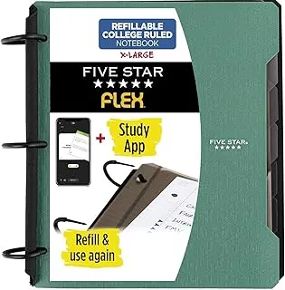 Five Star Flex Refillable Notebook + Study App, College Ruled Paper, 1.5 Inch TechLock Rings, Pockets, Tabs and Dividers, 300 Sheet Capacity, Green (29324AQ8)