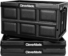 Clevermade 62l collapsible storage bins - folding plastic stackable utility crates, solid wall, no lid, 3 pack, black