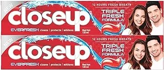 Close Up Triple Fresh Formula Everfresh Gel Toothpaste, 12 Hours Fresh Breath and Sparkling White Smile, With Antibacterial Mouthwash & Microshine Crystals, Red Hot Flavor, Pack of 2x120ml