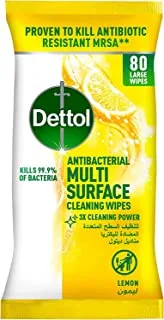 Dettol Lemon Antibacterial Multi Surface Cleaning Wipes for effective Germ Protection & Personal Hygiene (Kills 99.9% of Bacteria), 80 Large