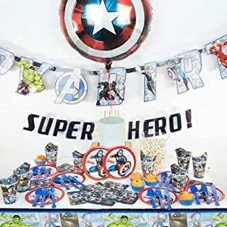 amscan Party Centre Captain America, 59 Piece Tableware Party Supplies For 8 Guests, Includes Napkins, Plates, Cups, Cutlery, Tablecover, Banner And Balloon, Multicolor