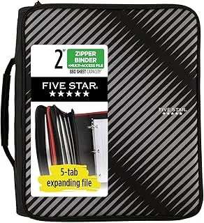 FIVE STAR Zipper Binder, 5 cm 3 Ring Binder, 6-Pocket Expanding File, Durable, Black (72536)