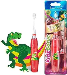 Brush Baby Kidzsonic Toddler And Kid Electric Toothbrush For Ages 3+ Years - Disco Lights, Gentle Vibration, And Smart Timer Provide A Fun Brushing Experience - 2 Brush Heads Included - Dinosaur