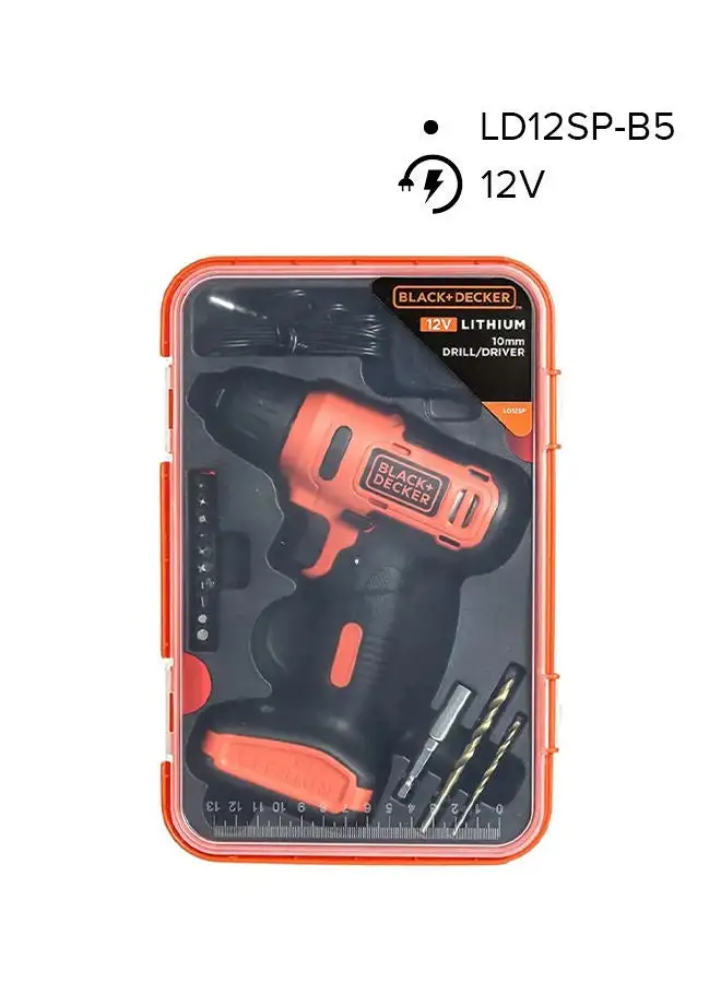 BLACK+DECKER 12V Cordless Drill Driver With 13 Pieces Bits In Kitbox For Drilling And Fastening 1.5Ah 900 Rpm Ld12Sp-B5 Orange/Black 32 x 6.8 x 12cm