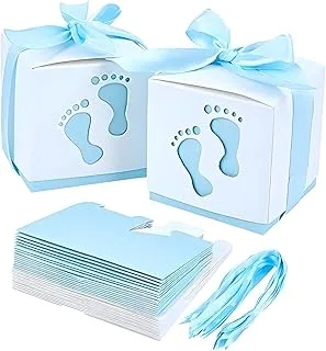 ECVV 50 Pcs Gift Bags Candy Box 6 * 6 * 6cm Cute Creative Paper Boxes Hollow Design Baby Footprints Baby Showers, Birthday Party Favor, Wedding, Anniversary Supplies with Blue Ribbon