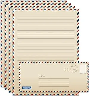 Vintage Airmail Stationery Paper Set, 100-Piece Set (50 Lined Sheets + 50 Matching Envelopes), Letter Size 8.5 x 12.5 cm, Double Sided & Lined Paper, by Better Office Products