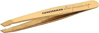 Tweezerman Mini Slanted Tweezer Rose Gold. Stainless Steel. Hand filed, perfectly aligned tips. 25° slanted tip. Calibrated tension , control and precision.