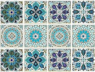 BPA Mandala Decorative Tile Sticker, 12 Pcs 6x6 inch Removeable Waterproof Vinyl Self Adhesive Wall Tile Decals，Peel and Stick Backsplash for Kitchen Bathroom Home Decor Moroccan Green