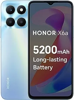 هاتف HONOR X6a المحمول غير مقفل، شاشة عرض كاملة 6.5 بوصة 90 هرتز، 4 جيجابايت + 128 جيجابايت، بطارية طويلة الأمد 5200 مللي أمبير، كاميرا ثلاثية 50 ميجابكسل، أندرويد 13، فضي سماوي