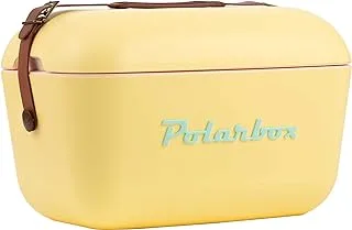 Polarbox 12L Classic Cooler Box with Leather Strap, Yellow & Cyan | Rigid Thermal Insulated Ice Box for Beach, Picnic & Party | Convertible Lid & Polypropylene Insulation